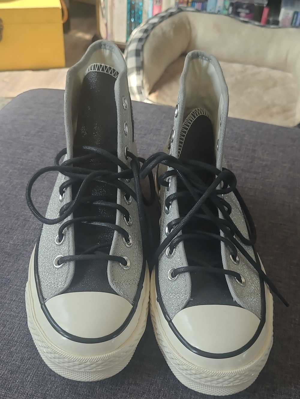 Converse High-Top Sneakers in Silver and Black Glitter Canvas